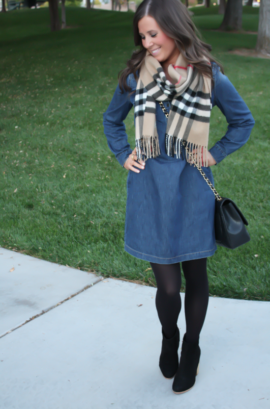denim dress with tights and boots