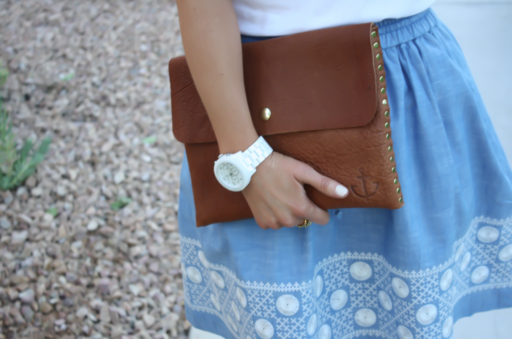 Chambray White and Red, Skirt, Red Sandals, Cognac Clutch, Madewell, J.Crew, Michael Kors, Banana Republic 7