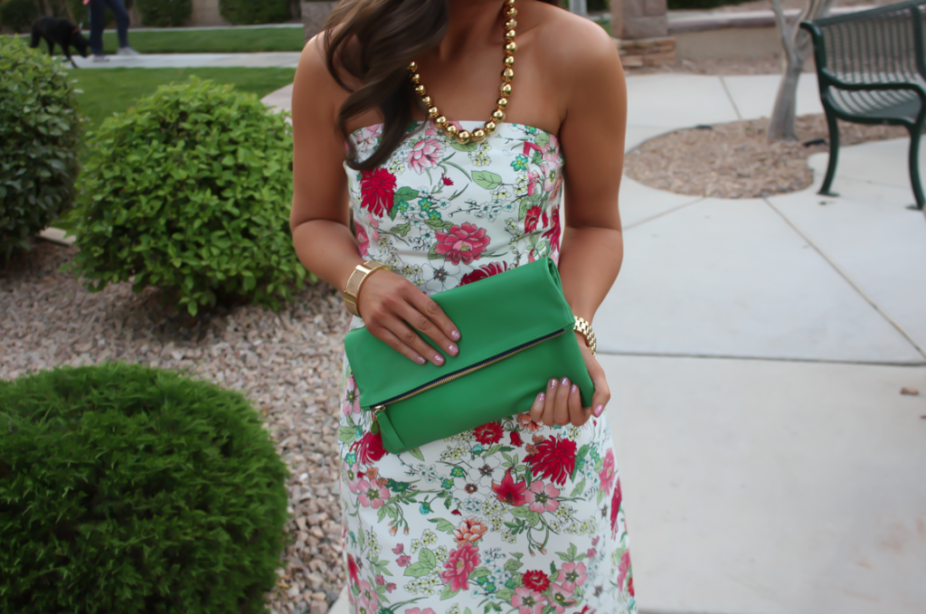 Floral Strapless Dress, Cognac Wedges, Emerald Green Foldover Clutch, Old Navy, Clare Vivier, J.Crew 8
