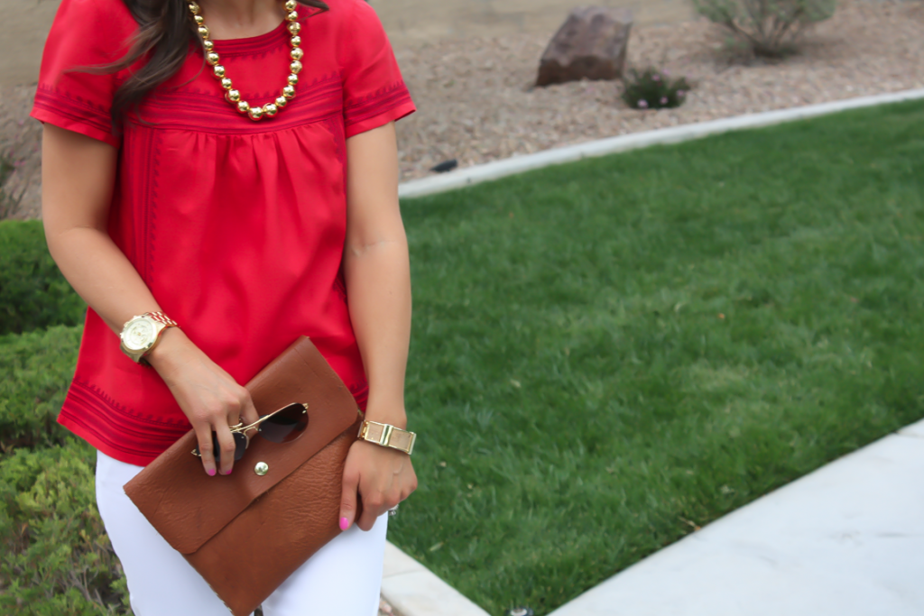 Red Linen Blouse, White Skinny Jeans, Wedge Sandals, Madewell, Banana Republic, J.Crew 4