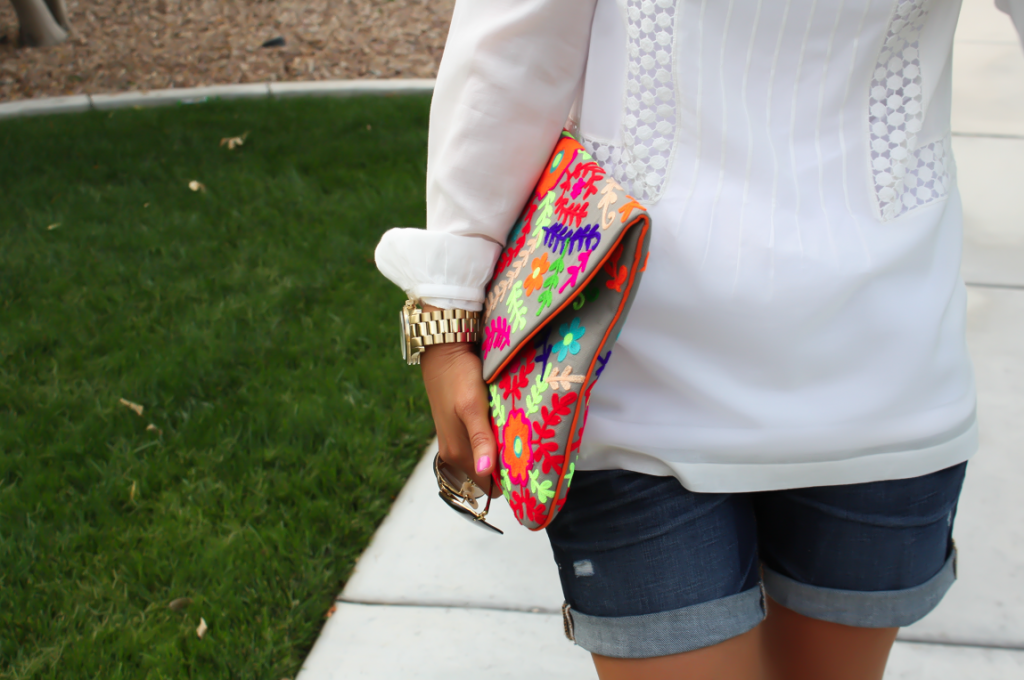 White Peasant Blouse, Denim Shorts, Suede Peep Toe Booties, Floral Clutch, Gap, Loft, Paul Green, Nordstrom 6