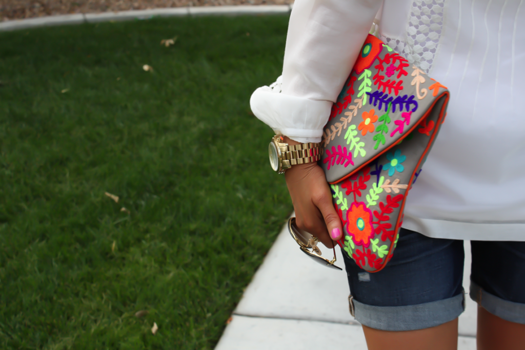 White Peasant Blouse, Denim Shorts, Suede Peep Toe Booties, Floral Clutch, Gap, Loft, Paul Green, Nordstrom 7