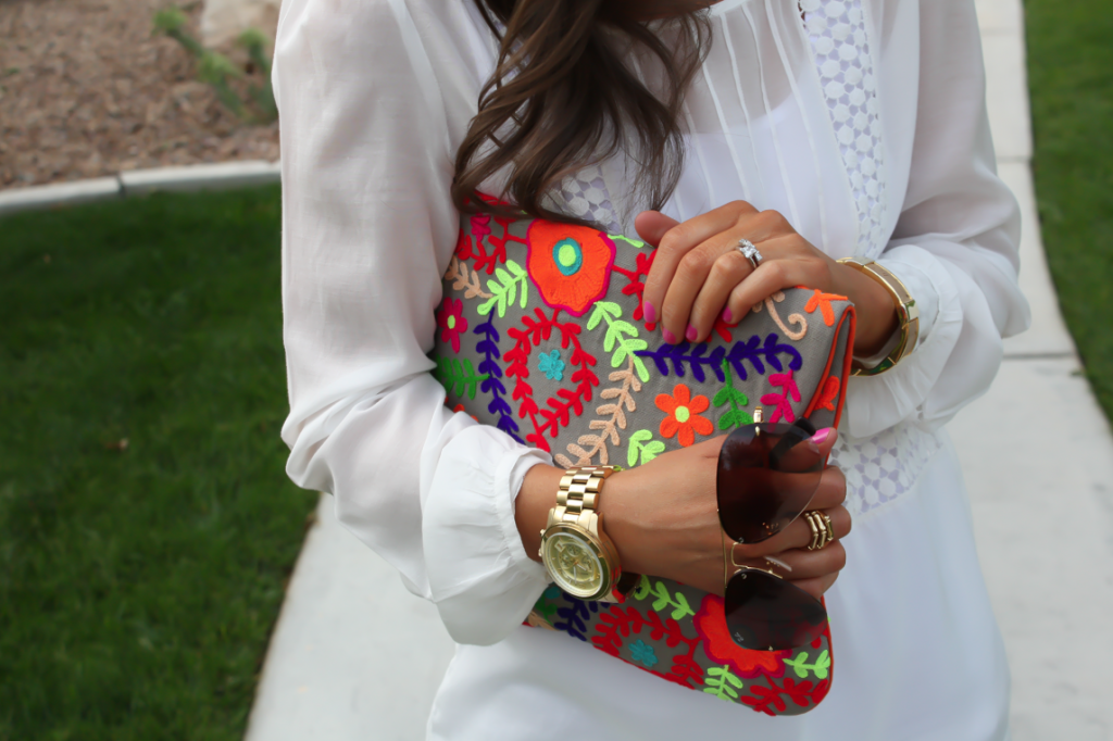 White Peasant Blouse, Denim Shorts, Suede Peep Toe Booties, Floral Clutch, Gap, Loft, Paul Green, Nordstrom 9