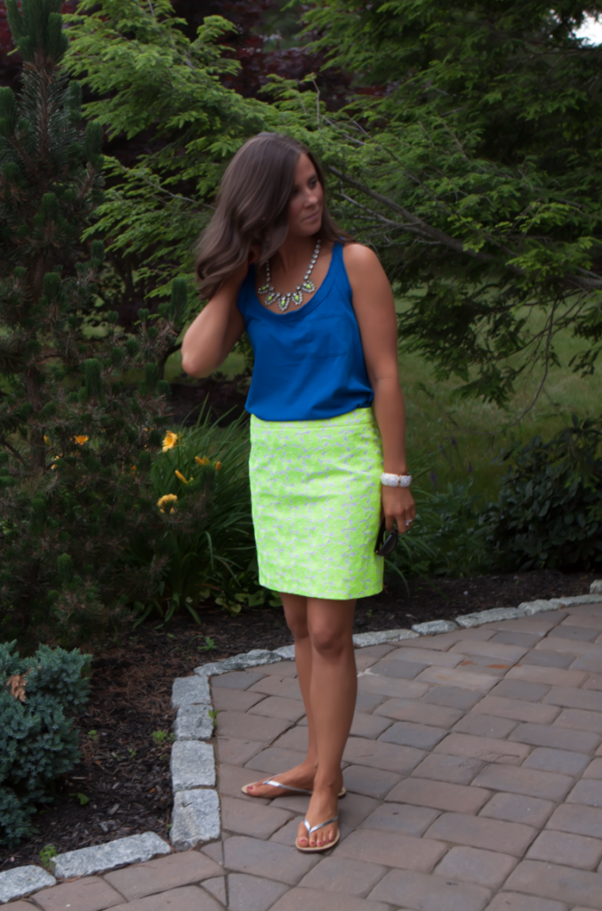 Citrus Floral Skirt, Blue Tank, J.Crew Factory, Silver Sandals