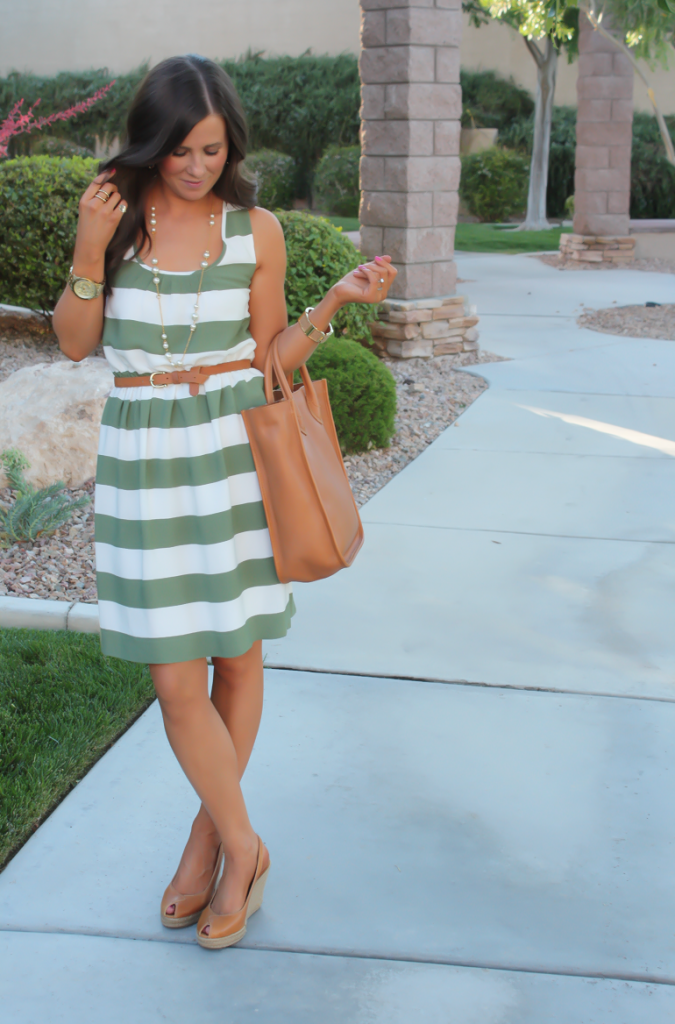 Green and Ivory Striped Dress, Cognac Tote, Pearl Necklace, Espadrille Wedges, Banana Republic, Madewell, Steve Madden 3