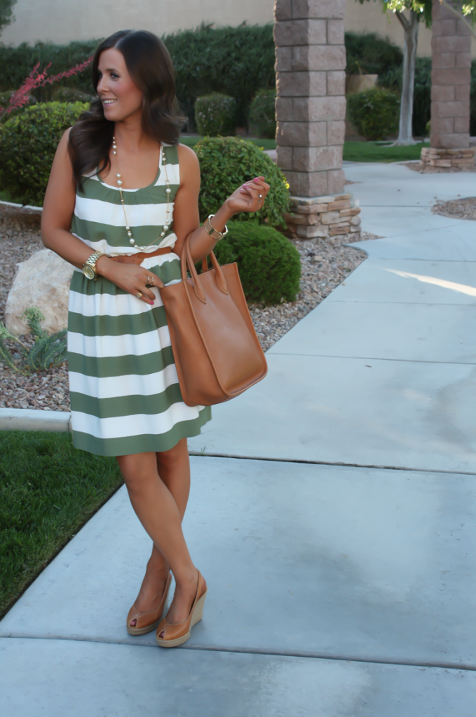 Green and Ivory Striped Dress, Cognac Tote, Pearl Necklace, Espadrille Wedges, Banana Republic, Madewell, Steve Madden 4