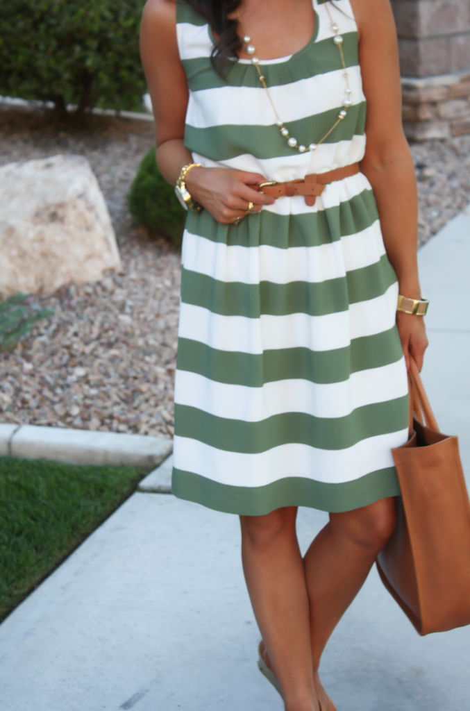 Green and Ivory Striped Dress, Cognac Tote, Pearl Necklace, Espadrille Wedges, Banana Republic, Madewell, Steve Madden 7