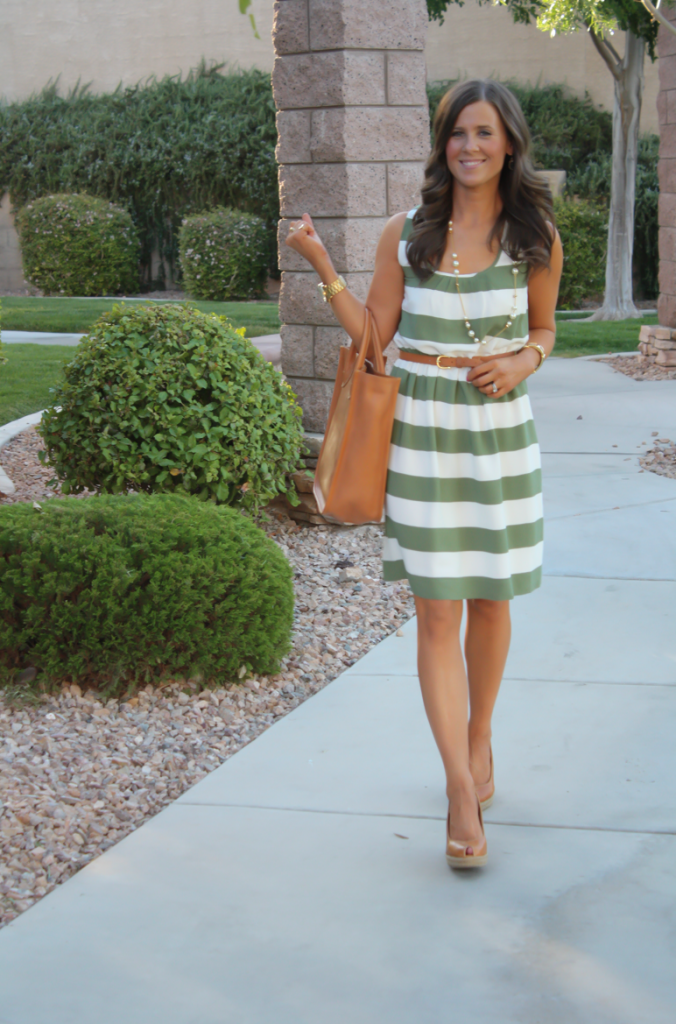 Green and Ivory Striped Dress, Cognac Tote, Pearl Necklace, Espadrille Wedges, Banana Republic, Madewell, Steve Madden 9
