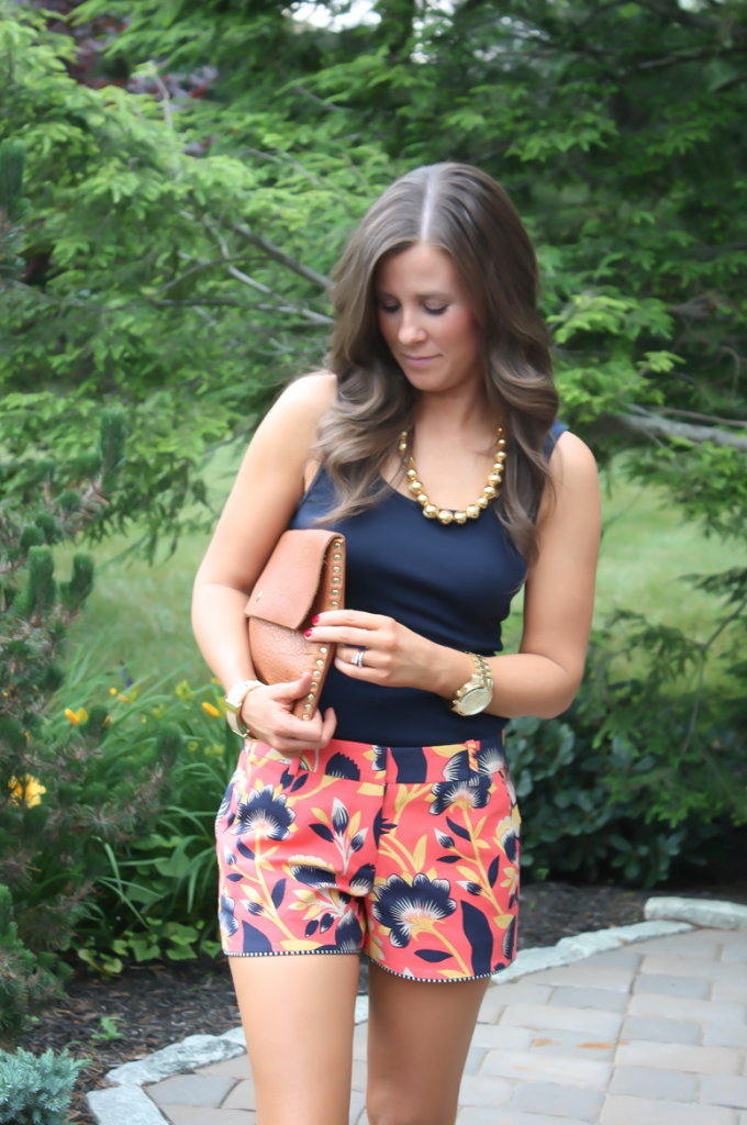 Orange and Navy Printed Shorts, Gold Necklace, Cognac Clutch, J.Crew, Old Navy 2