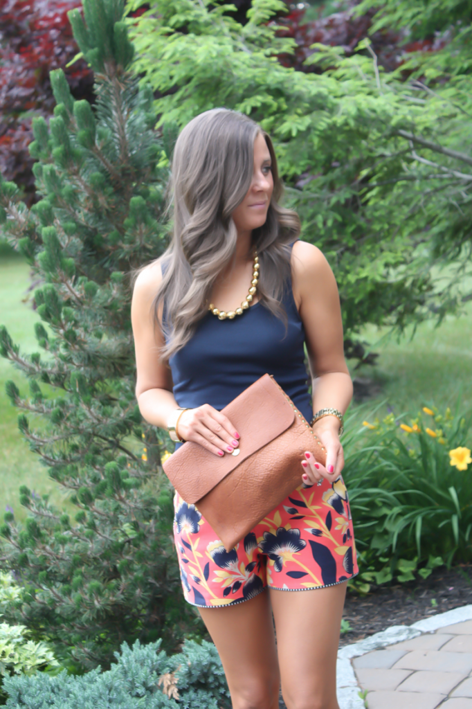 Orange and Navy Printed Shorts, Gold Necklace, Cognac Clutch, J.Crew, Old Navy 4