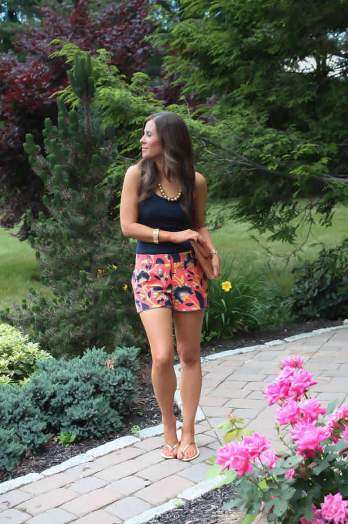 Orange and Navy Printed Shorts, Gold Necklace, Cognac Clutch, J.Crew, Old Navy 5
