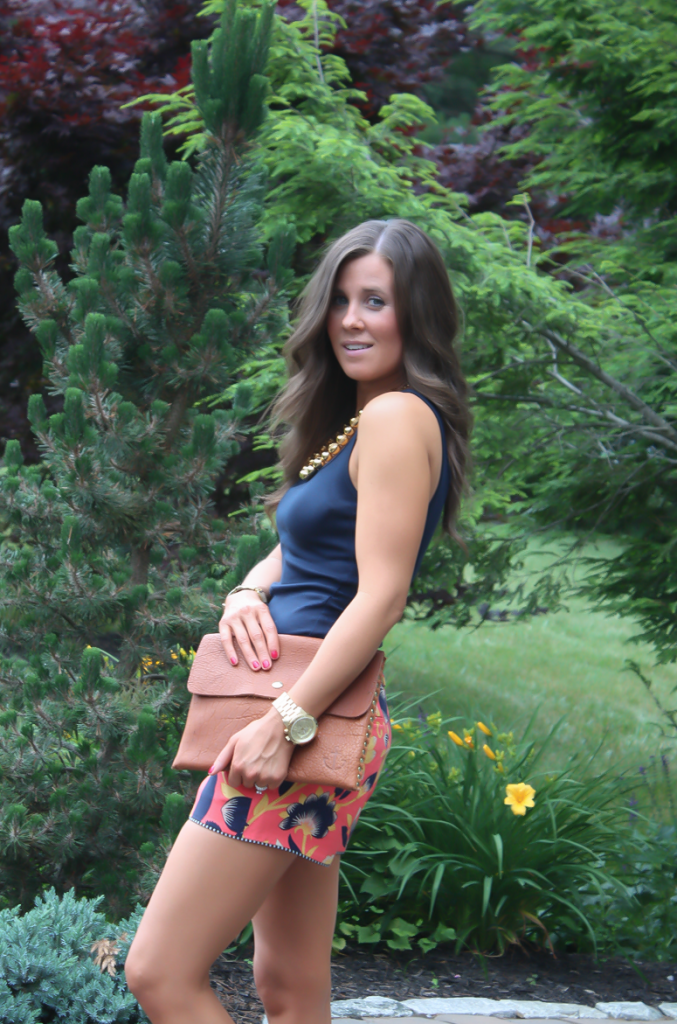 Orange and Navy Printed Shorts, Gold Necklace, Cognac Clutch, J.Crew, Old Navy 7