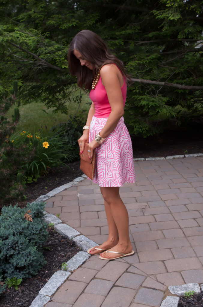 Pink Print Skirt, Pink Tank, Gold Sandals, J.Crew, Madewell, Old Navy, Gold Beaded Necklace 7