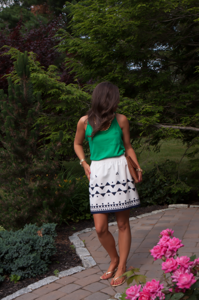 Printed City Mini, Green Tank, Gold Sandals, Cognac Clutch, J.Crew Factory, Michael Kors, Madewell