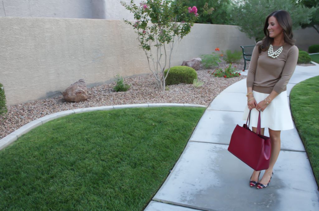 Ivory Fluted Skirt, Plaid Heels, Tan Sweater, Pearls, Cranberry Tote, J.Crew, Banana Republic, Stella and Dot 6