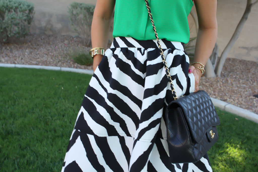 Zebra Print Midi Skirt, Green SEleveless Blouse, Express, Banana Republic, J.Crew, Chanel 15