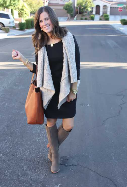 long sleeve black dress with boots