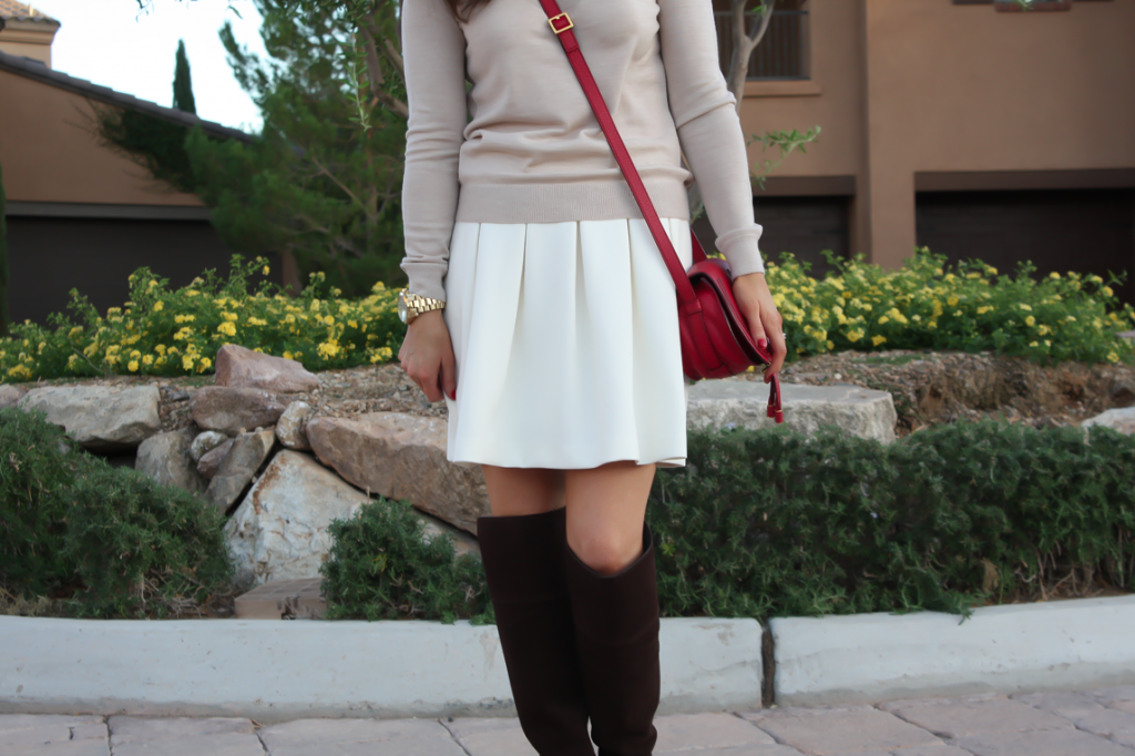 Ivory Box Pleat Skirt, Beige Sweater, Brown Suede Over the Knee Boots, Red Crossbody, Banana Republic, Gap, Michael Kors, Chloe 9