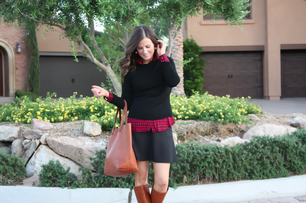 Red Flannel, Black Sweater, Black Skirt, Cognac Tote, Cognac Boots, Banana Republic, J.Crew Factory, J.Crew, Loeffler Randall, Madewell