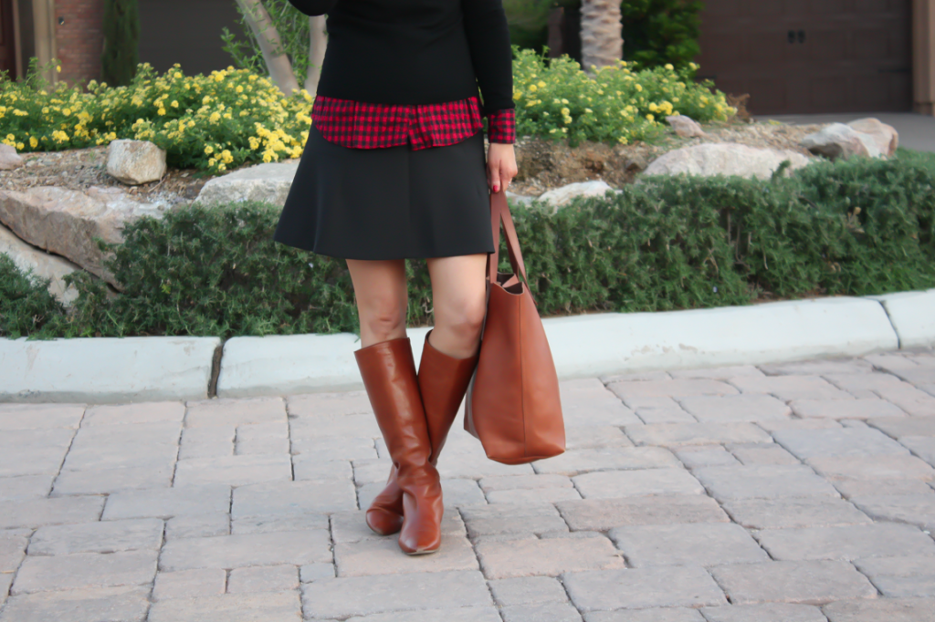 Red Flannel, Black Sweater, Black Skirt, Cognac Tote, Cognac Boots, Banana Republic, J.Crew Factory, J.Crew, Loeffler Randall, Madewell 19