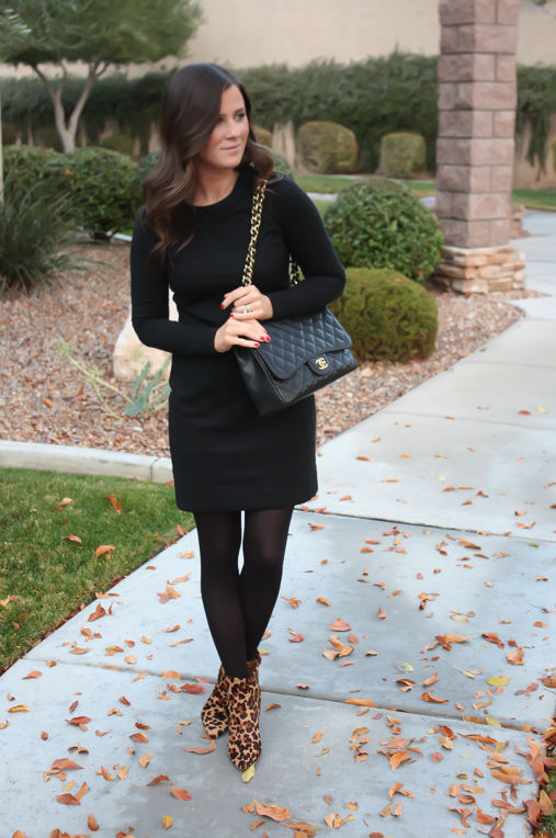 black dress black tights black booties