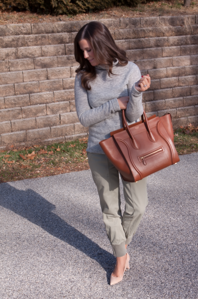 Grey Turtleneck Sweater, Ankle Zip Cargo Pants, Beige Suede Heels, Cognac Tote, Banana Republic, J.Crew,  Celine 10