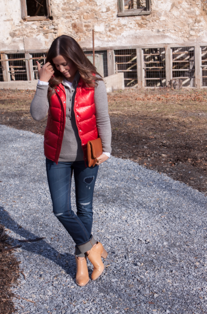 Shiny Red Quilted Vest, Grey Cashmere Hoodie, Distressed Jeans, Tan Mules, Cognac Clutch, J.Crew, Old Navy, Dolce VIta, Clare Vivier 16