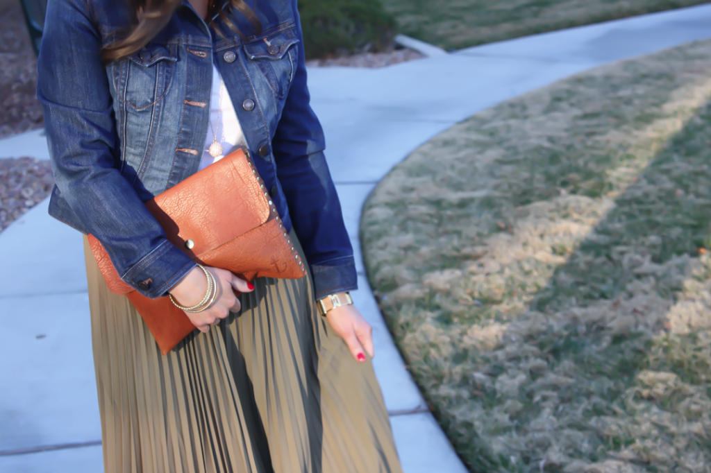 Denim Jacket, Army Green Pleated Skirt, White Tee, Cognac Envelope Clutch, Old Navy, Toggery, Banana Republic, Madewell 2