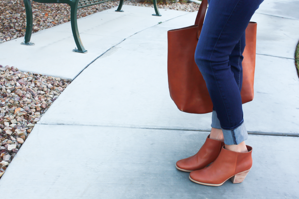 Green Utility Shirt, Skinny Ankle Jeans, Cognac Booties, Cognac Tote, J.Crew Factory, Seven for All Mankind, Rachel Comey 13