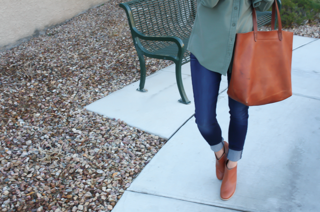 Green Utility Shirt, Skinny Ankle Jeans, Cognac Booties, Cognac Tote, J.Crew Factory, Seven for All Mankind, Rachel Comey 7
