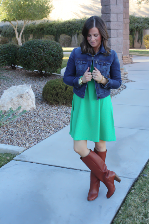 green dress with jean jacket