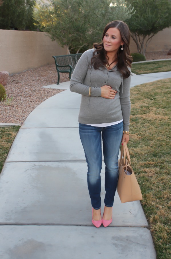 11Grey Cashmere Hoodie, Medium Wash Cropped Skinny Jeans, Coral Pink Suede Heels, Tan Structured Tote, J.Crew, Seven for All Mank