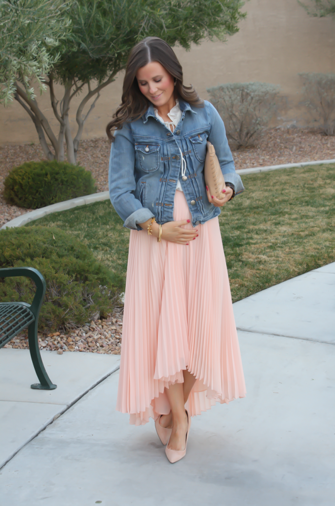 Blush Pink Pleated High Low Skirt, Ivory Ruffle Trim Camisole Blouse, Light Rinse Denim Jacket, Biege Suede Heels, Beige Leather Clutch, Tortoise Cuff 35