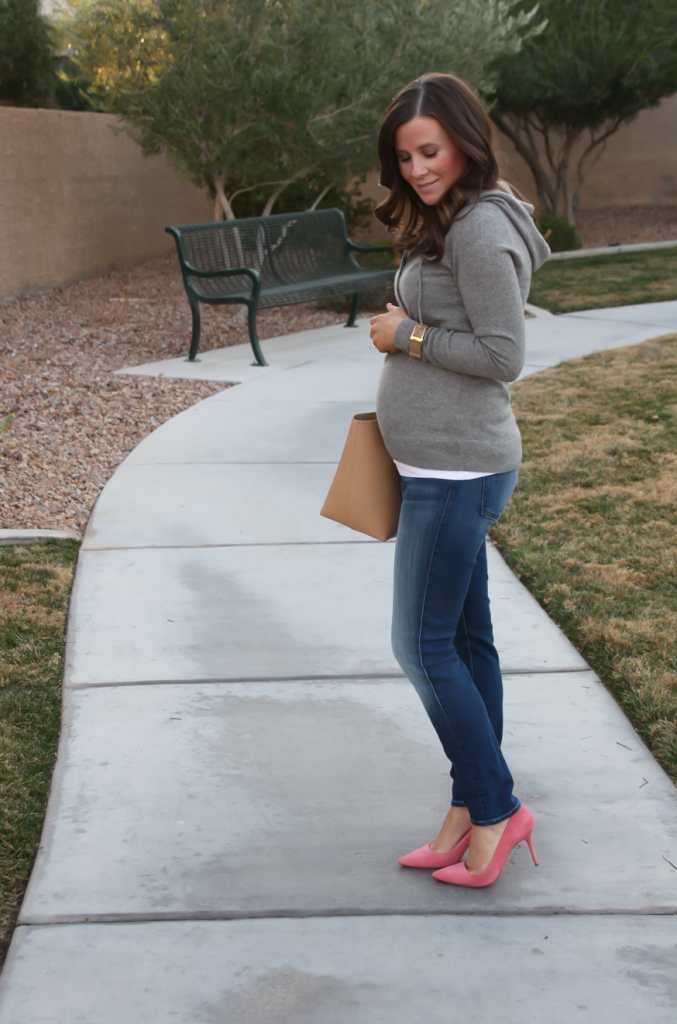 Grey Cashmere Hoodie, Medium Wash Cropped Skinny Jeans, Coral Pink Suede Heels, Tan Structured Tote, J.Crew, Seven for All Mankind 2