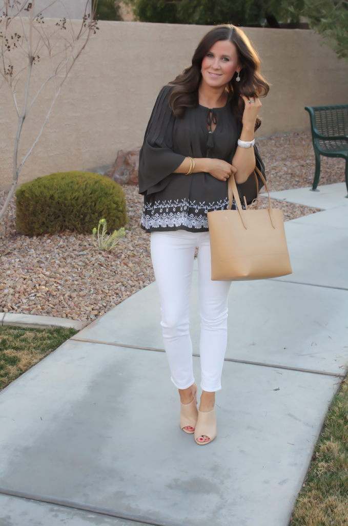 Grey Embroidered Peasant Blouse, White Cropped Skinny Jeans, Tan Mules, Tan Tote, Tolani, J Brand, Ann Taylor, J.Crew 2