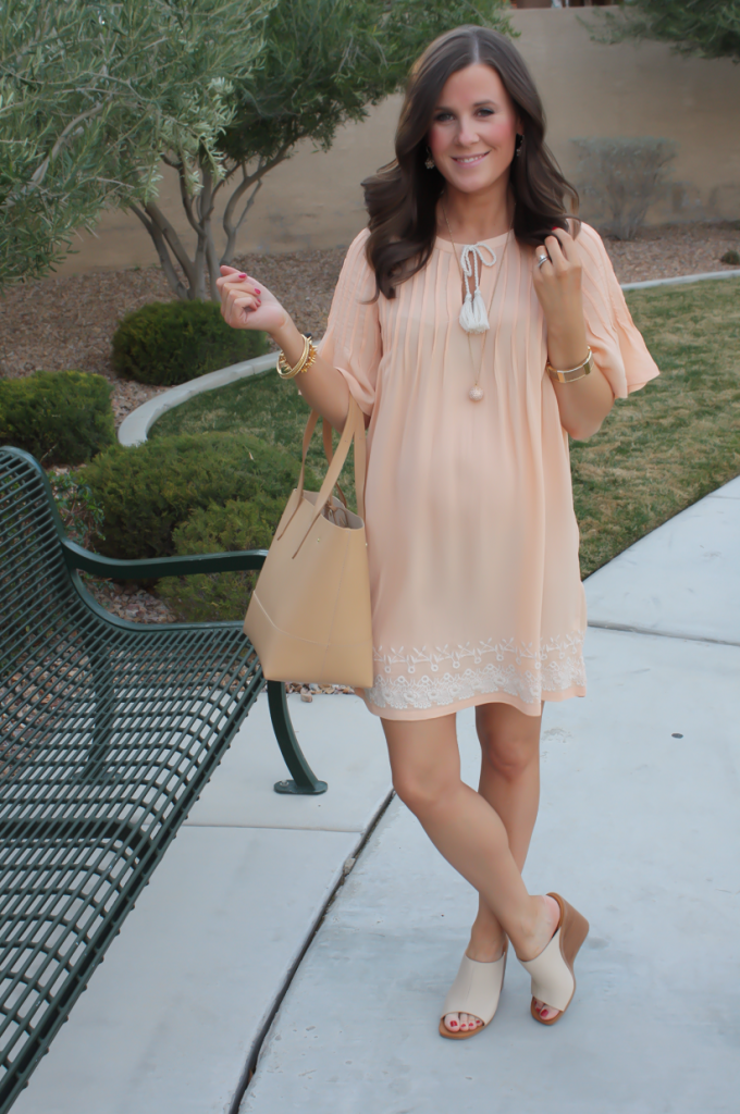 Peach Embroidered Dress, Beige Wedge Sandals, Tan Leather Tote, Gold Jewelry, Tularosa, See By Chloe, J.Crew 19