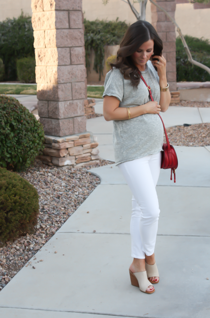 Toggery Grey Sweater Jersey Tee, White Cropped Skinny Jeans, Tan Wedge Mules, Red Crossbody, Toggery Brand, J Brand, See By Chloe, Chloe, Marcie Small Crossbody 3