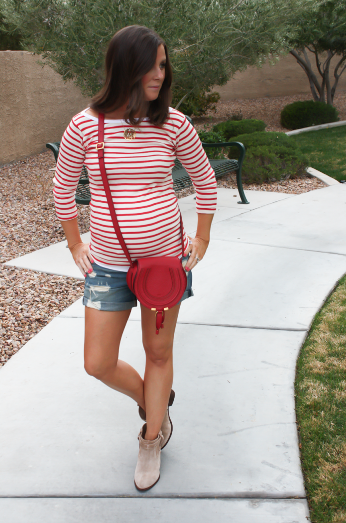 Distressed Denim Shorts, Toggery Brand Striped Boatneck Tee, Suede Ankle Booties, Red Crossbody, Rag and Bone, Joie, Chloe 11