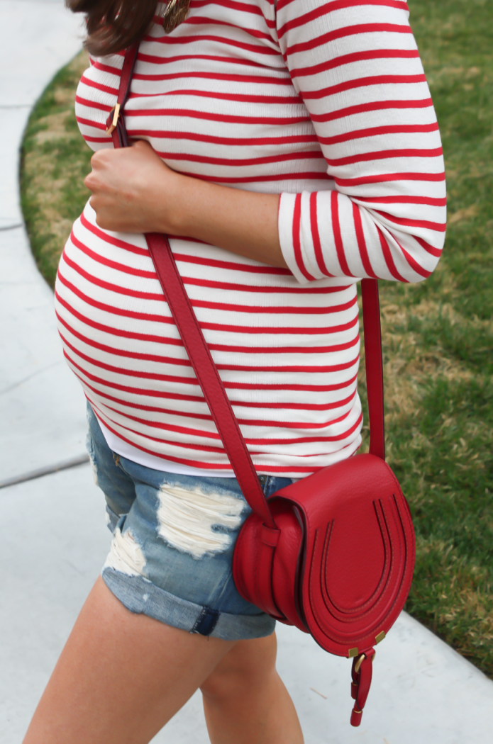 Distressed Denim Shorts, Toggery Brand Striped Boatneck Tee, Suede Ankle Booties, Red Crossbody, Rag and Bone, Joie, Chloe 13