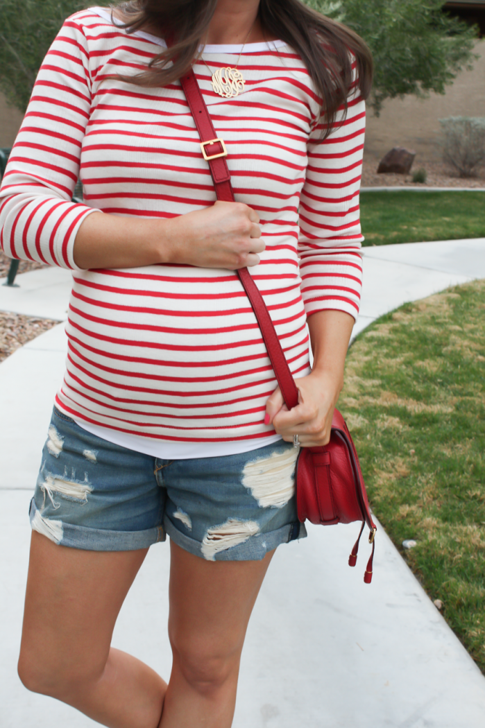 Distressed Denim Shorts, Toggery Brand Striped Boatneck Tee, Suede Ankle Booties, Red Crossbody, Rag and Bone, Joie, Chloe 15