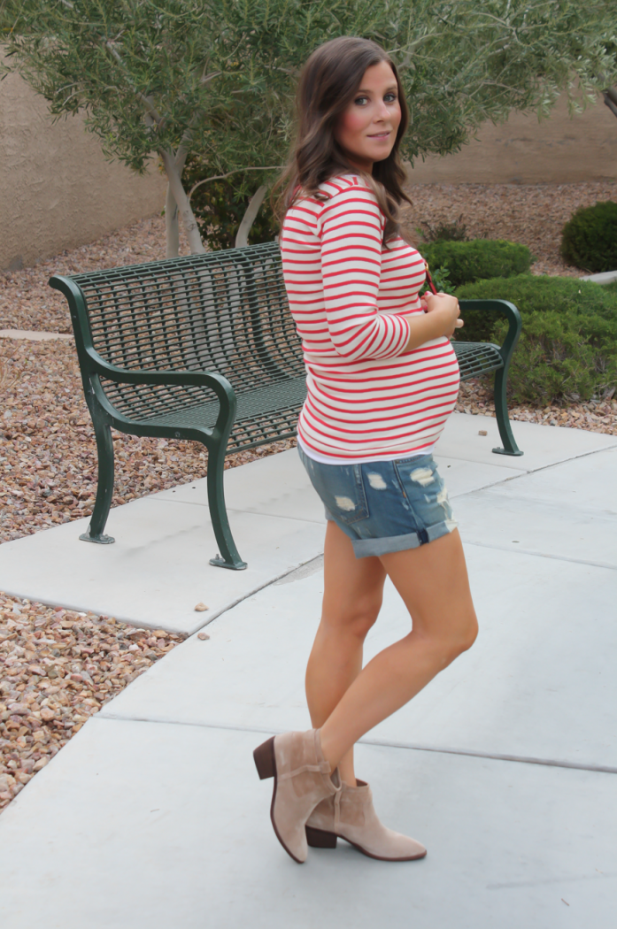 Distressed Denim Shorts, Toggery Brand Striped Boatneck Tee, Suede Ankle Booties, Red Crossbody, Rag and Bone, Joie, Chloe 4