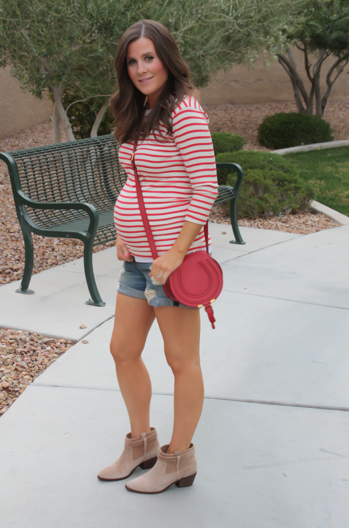 Distressed Denim Shorts, Toggery Brand Striped Boatneck Tee, Suede Ankle Booties, Red Crossbody, Rag and Bone, Joie, Chloe 6