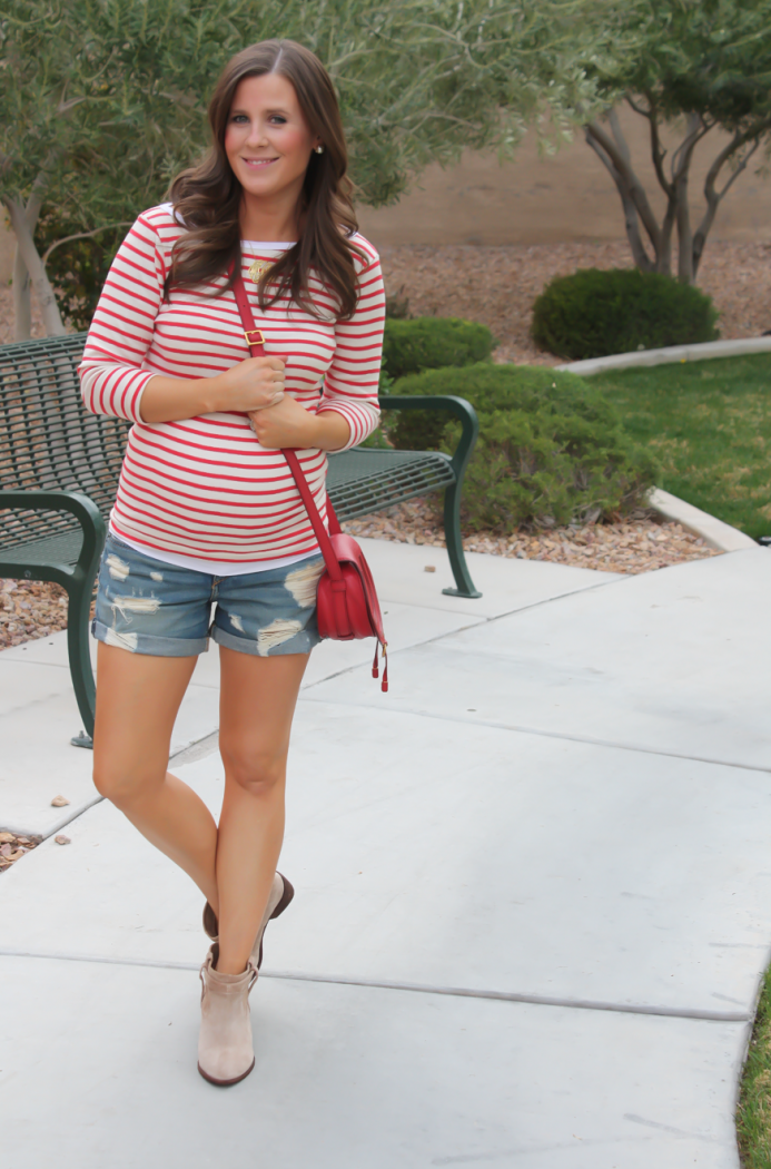 Distressed Denim Shorts, Toggery Brand Striped Boatneck Tee, Suede Ankle Booties, Red Crossbody, Rag and Bone, Joie, Chloe