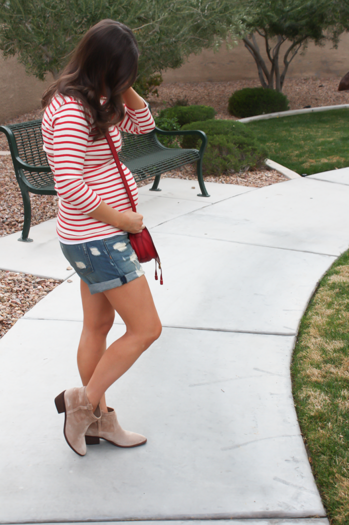 Distressed Denim Shorts, Toggery Brand Striped Boatneck Tee, Suede Ankle Booties, Red Crossbody, Rag and Bone, Joie, Chloe 8