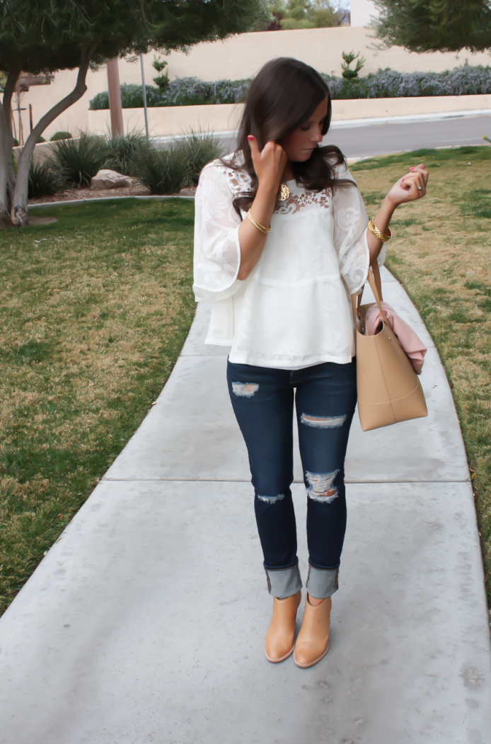 Ivory and Lace Peasant Blouse, Distressed Skinny Jeans, Tan Mules, Tan Tote, Anthropologie, AG Jeans, Dolce Vita, JCrew 10
