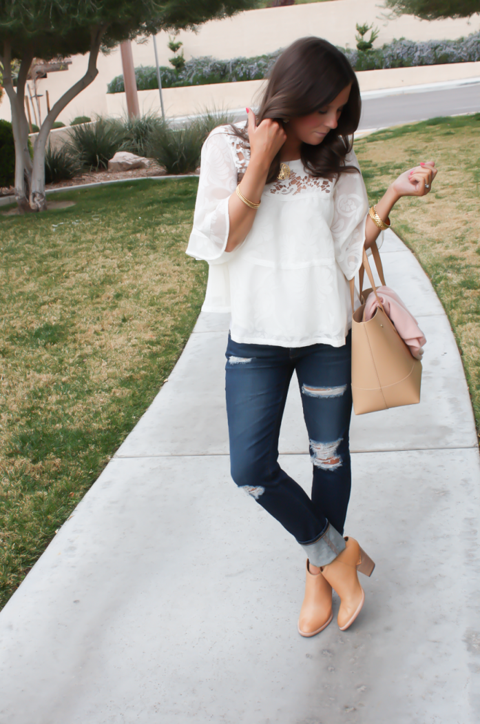 Ivory and Lace Peasant Blouse, Distressed Skinny Jeans, Tan Mules, Tan Tote, Anthropologie, AG Jeans, Dolce Vita, JCrew 13