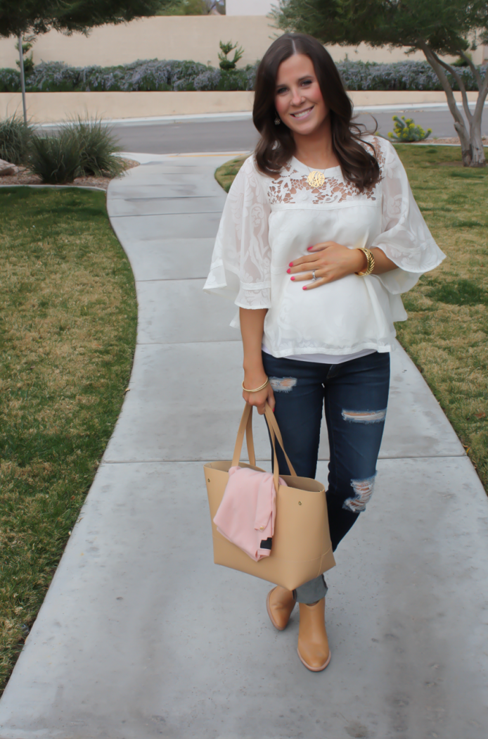 Ivory and Lace Peasant Blouse, Distressed Skinny Jeans, Tan Mules, Tan Tote, Anthropologie, AG Jeans, Dolce Vita, JCrew 16