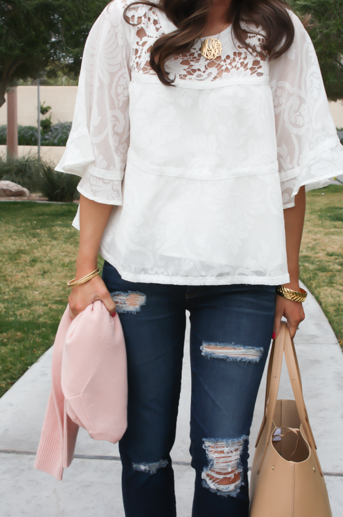 Ivory and Lace Peasant Blouse, Distressed Skinny Jeans, Tan Mules, Tan Tote, Anthropologie, AG Jeans, Dolce Vita, JCrew 22