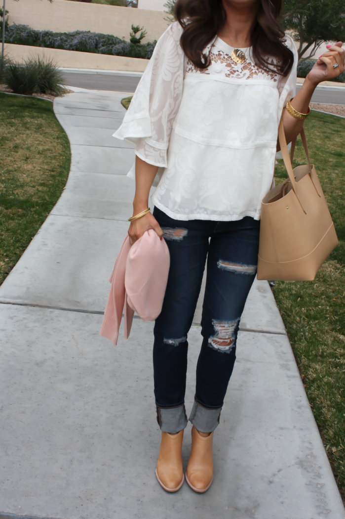 Ivory and Lace Peasant Blouse, Distressed Skinny Jeans, Tan Mules, Tan Tote, Anthropologie, AG Jeans, Dolce Vita, JCrew 24
