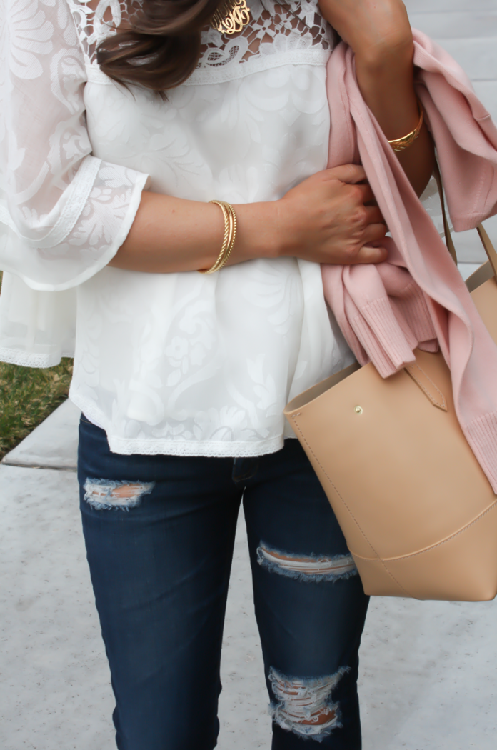 Ivory and Lace Peasant Blouse, Distressed Skinny Jeans, Tan Mules, Tan Tote, Anthropologie, AG Jeans, Dolce Vita, JCrew 26